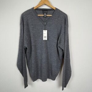 NWT Cezani V-Neck Sweater Size L Gray 100% Extra Fine Merino Wool Ribbed Knit